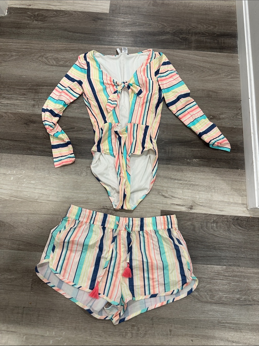 Striped Pastel Tie-Front Bodysuit POOL WEAR & Shorts Set